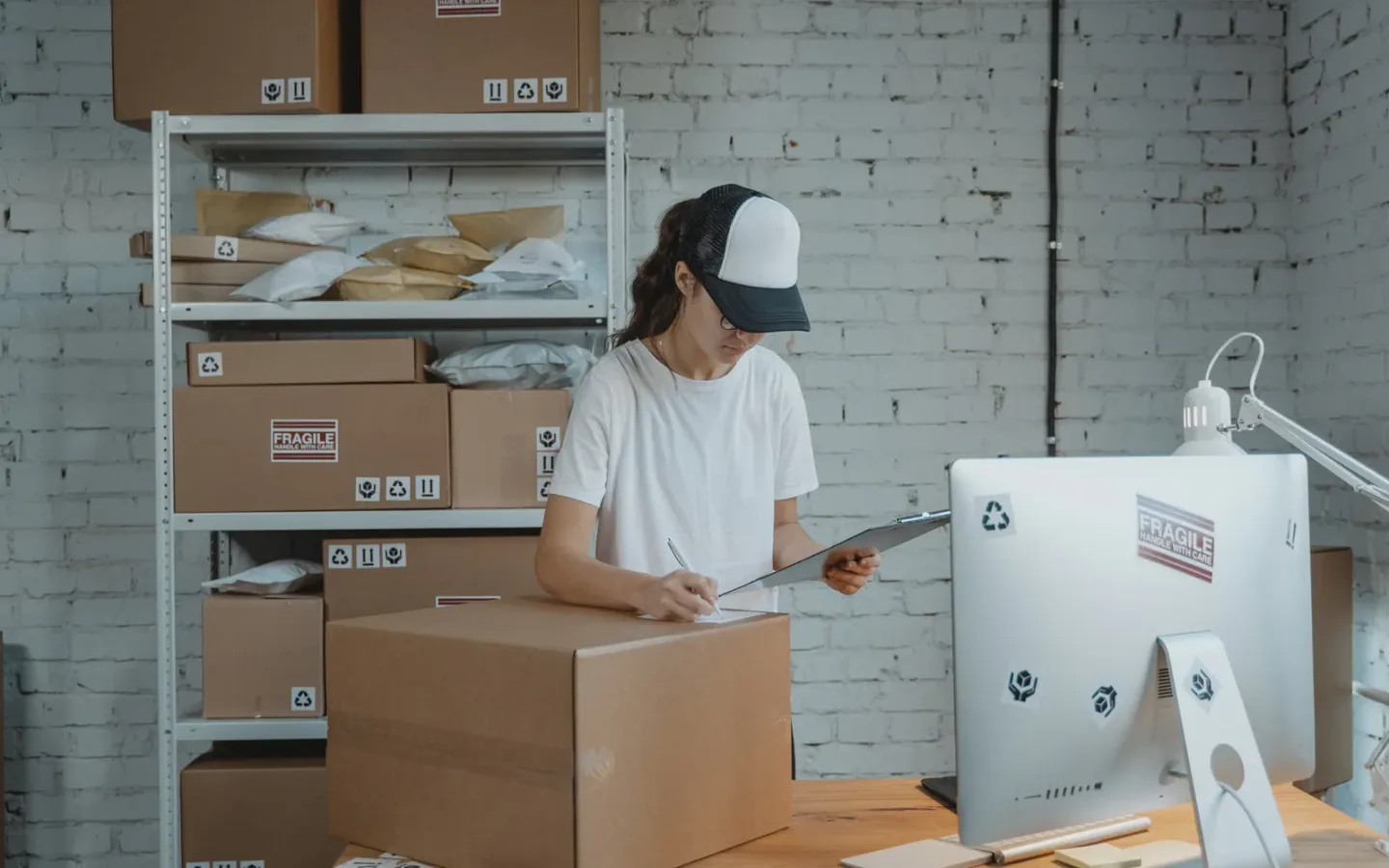 Inspector checking opened export cartons and packaged items against an inspection checklist